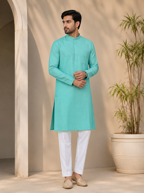 Seafoam green  colour cotton based plain kurta with white pajama (slight variation in color and design is possible )