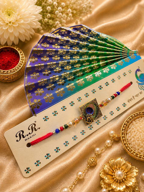 Peacock feather design Beautiful Stone Work Rakhi in nice pack gift card