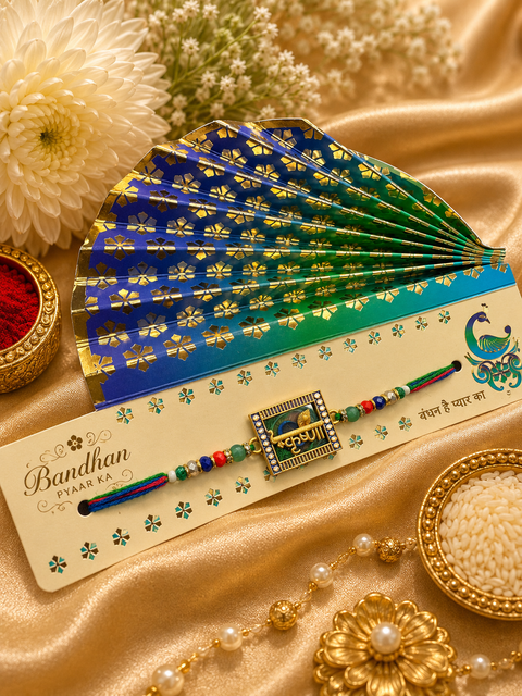 Peacock feather design Beautiful Stone Work Rakhi in nice pack gift card