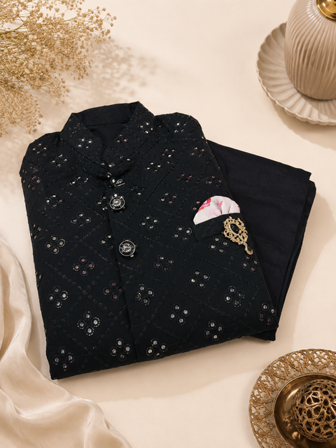 Black colour silk based kurta with black pants  & black colour brocade jacket (slight variation in color and design is possible)