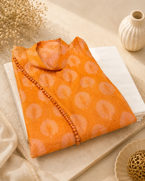 Orange colour cotton kurta with pajama pents (slight variation in color and design is possible )