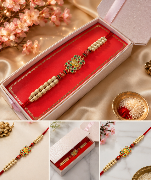 (Clip attached)Krishna design Beautiful Stone Work Rakhi in nice pack gift box