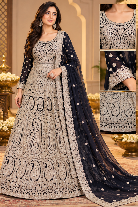 (Video clip attached)Black color netting Based bridal style heavy design stones work With heavy embroidery Work at front and back Designer Flared Kameez /Gown And netting Based Embroidery Work heavy Dupatta