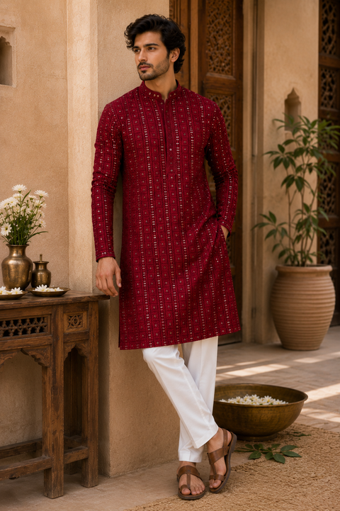 Pure Rayon Based Beautiful heavy Embroidery Work At Front And Back With Sequins Work Designer Kurta & White Pants(slight variation in color and design is possible)