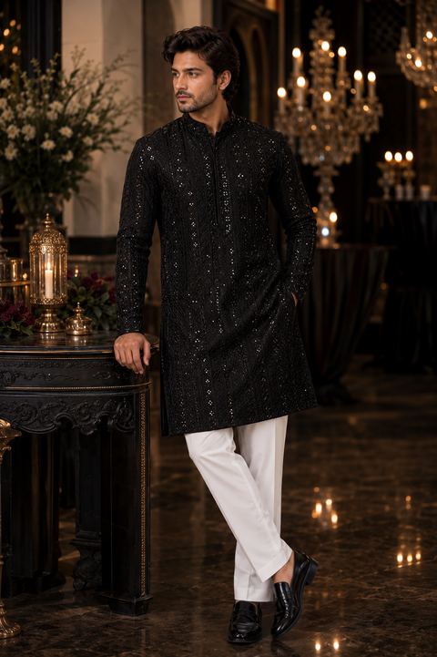 Pure Rayon Based Beautiful heavy Embroidery Work At Front And Back With Sequins Work Designer Kurta & White Pants (slight variation in color and design is possible)