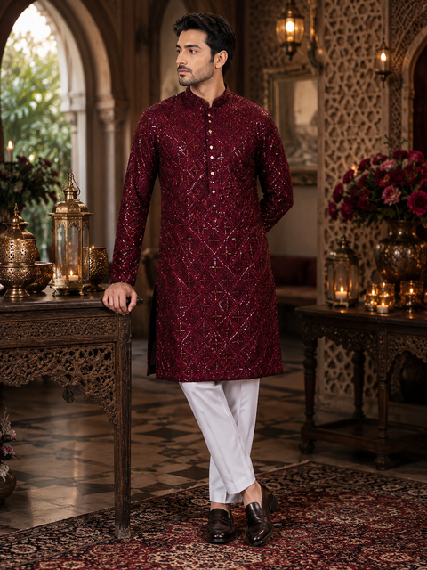 Pure Rayon Based Beautiful heavy Embroidery Work At Front And Back With Sequins Work Designer Kurta & White Pants (slight variation in color and design is possible )