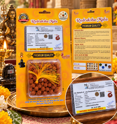 Certified 5 Mukhi Rudraksha Jap Mala featuring 108 natural Rudraksha beads, ideal for mantra chanting, meditation, and daily prayers. Comes with an authenticity certificate, making it perfect for spiritual use and gifting.