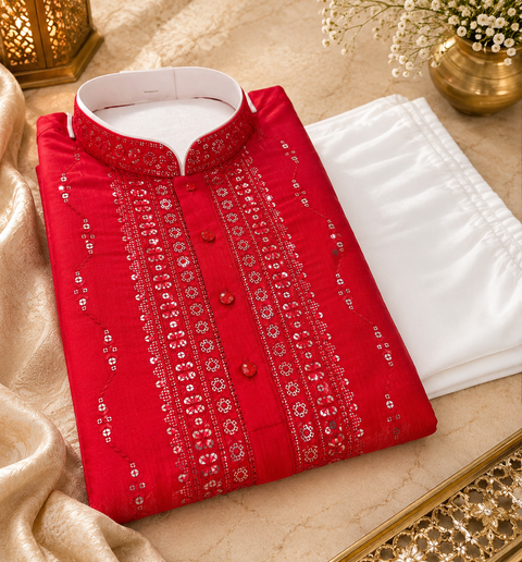 Soft Malmal Based Beautiful Embroidery Work With Sequins Work Designer Kurta With white Pajama (slight variation in color and design is possible)