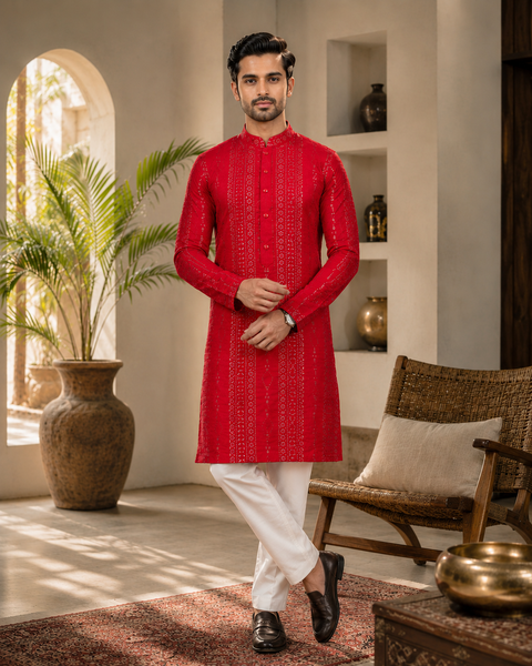 Soft Malmal Based Beautiful Embroidery Work With Sequins Work Designer Kurta With white Pajama (slight variation in color and design is possible)