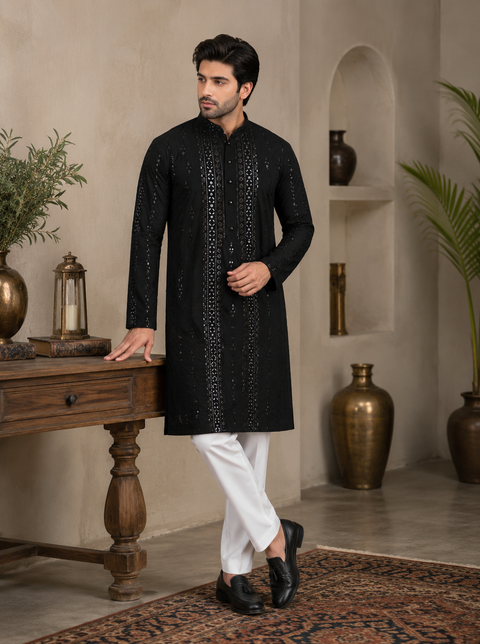 Soft Malmal Based Beautiful golden Embroidery Work With Sequins Work Designer Kurta With white Pajama (slight variation in color and design is possible)