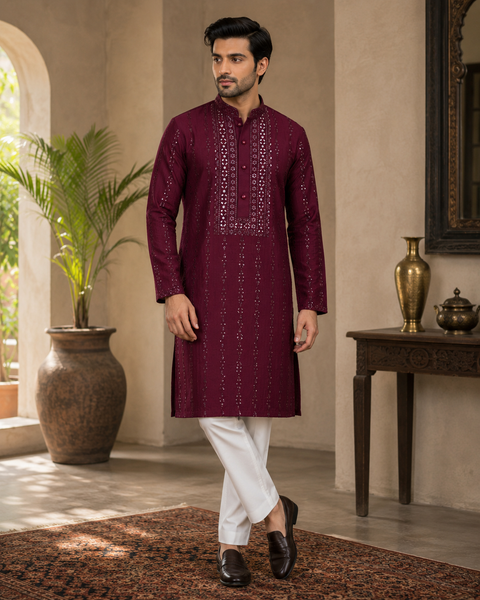 Soft Malmal Based Beautiful Embroidery Work With Sequins Work Designer Kurta With white Pajama (slight variation in color and design is possible)