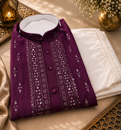 Soft Malmal Based Beautiful Embroidery Work With Sequins Work Designer Kurta With white Pajama (slight variation in color and design is possible)