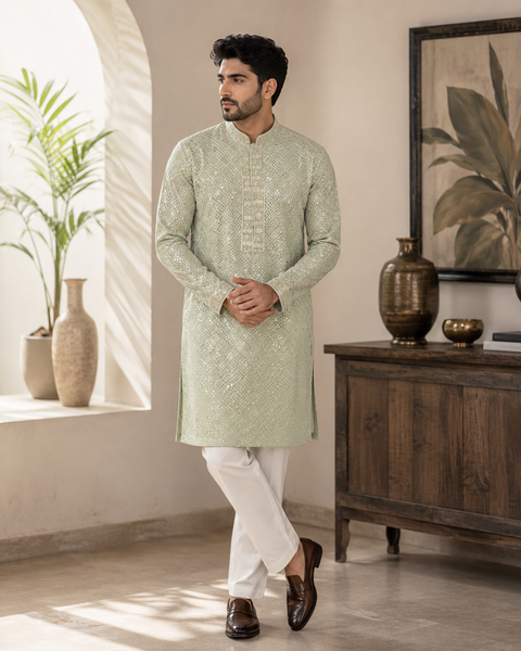 Pure Rayon Based Beautiful Embroidery Work At Front And Back With Sequins Work Designer Kurta & cream Pajama (slight variation in color and design is possible)
