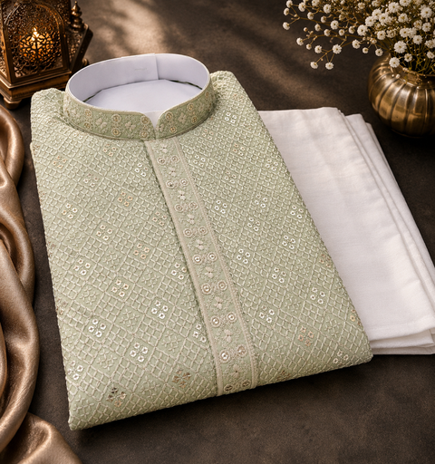 Pure Rayon Based Beautiful Embroidery Work At Front And Back With Sequins Work Designer Kurta & cream Pajama (slight variation in color and design is possible)