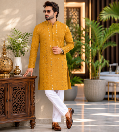 Pure Rayon Based Beautiful fine Embroidery Work At Front And Back With Sequins Work Designer Kurta & cream Pajama (slight variation in color and design is possible)