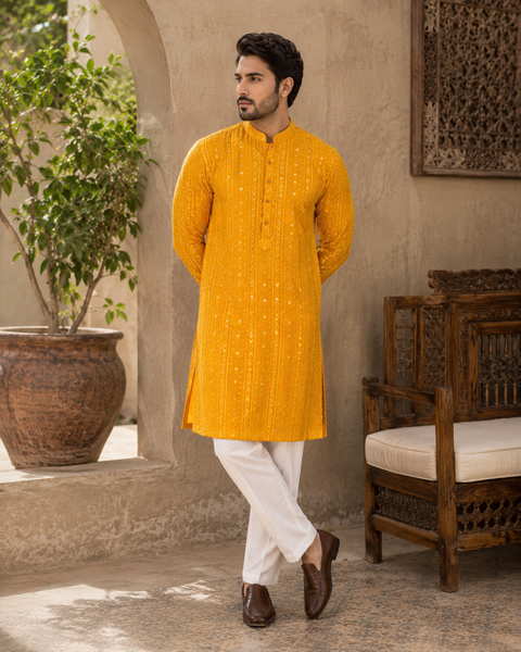 Pure Rayon Based Beautiful fine Embroidery Work At Front And Back With Sequins Work Designer Kurta & cream Pajama (slight variation in color & design is possible)