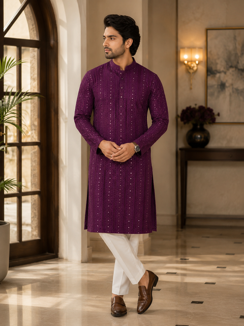 Pure Rayon Based Beautiful fine Embroidery Work At Front And Back With Sequins Work Designer Kurta & cream Pajama (slight variation in color & design is possible)