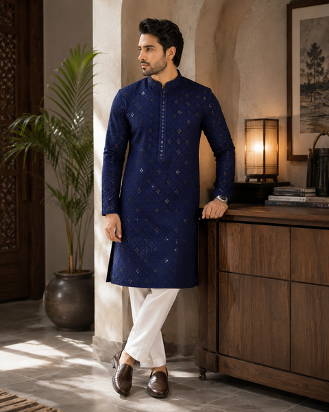 Pure Rayon Based Beautiful Embroidery Work At Front And Back With Sequins Work Designer Kurta & cream Pajama (slight variation in color & design is possible)