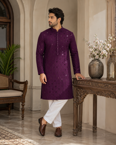Pure Rayon Based Beautiful Embroidery Work At Front And Back With Sequins Work Designer Kurta & cream Pajama (slight variation in color & design is possible)