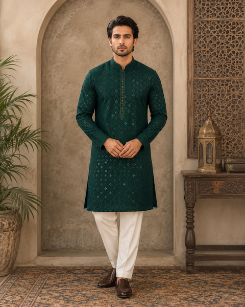 Pure Rayon Based Beautiful Embroidery Work At Front And Back With Sequins Work Designer Kurta & cream Pajama (slight variation in color & design is possible)