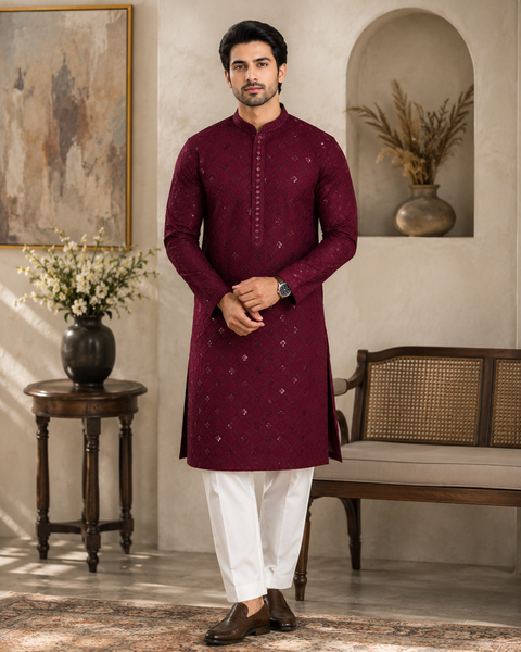 Pure Rayon Based Beautiful Embroidery Work At Front And Back With Sequins Work Designer Kurta & cream Pajama (slight variation in color & design is possible)