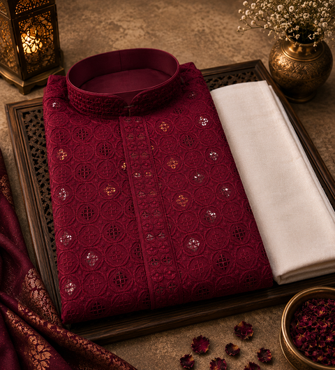 Pure Rayon Based Beautiful Embroidery Work At Front And Back With Sequins Work Designer Kurta & cream Pajama (slight variation in color & design is possible)