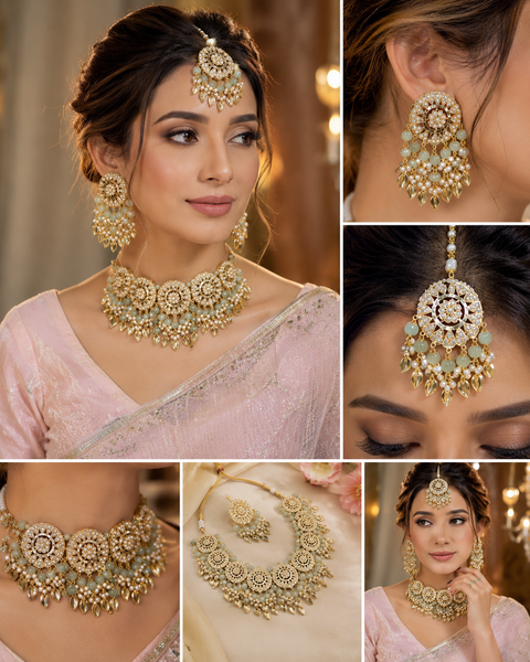 Pastel mint Pearls Jadau Pipal Patti Punjabi Set With Jhumka & Tikka (slight variations in color and design is possible)