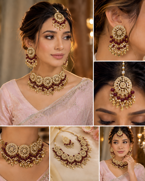 Maroon Pearls Jadau Pipal Patti Punjabi Set With Jhumka & Tikka (slight variations in color and design is possible)