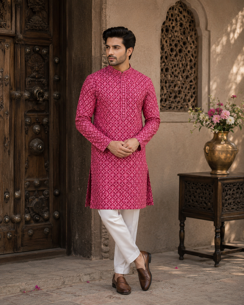 Pure Rayon Based Beautiful Embroidery Work At Front And Back With Sequins Work Designer Kurta & cream Pajama (slight variation in color and design is possible)