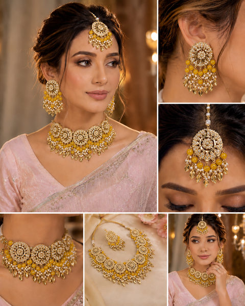 yellow Pearls Jadau Pipal Patti Punjabi Set With Jhumka & Tikka