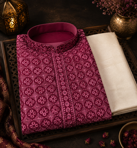 Pure Rayon Based Beautiful Embroidery Work At Front And Back With Sequins Work Designer Kurta & cream Pajama (slight variation in color and design is possible)