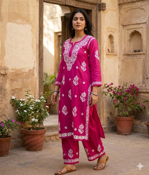 Hot Pink color Very very soft Pure Rayon based lakhnavi work kurti with plazo pants