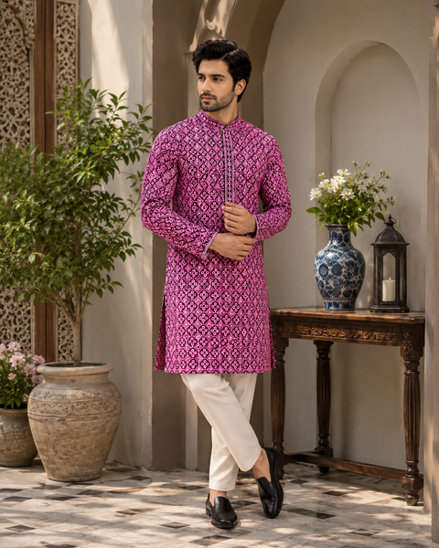 Pure Rayon Based Beautiful Embroidery Work At Front And Back With Sequins Work Designer Kurta & cream Pajama (slight variation in color & design is possible)
