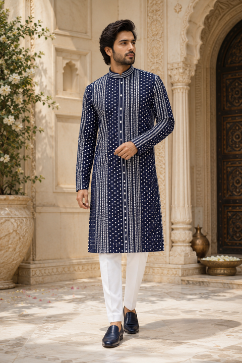 Raw Silk Based Beautiful Embroidery Work At Front And Back With Sequins Work Designer Kurta & White Pajama (slight variation in color & design is possible)