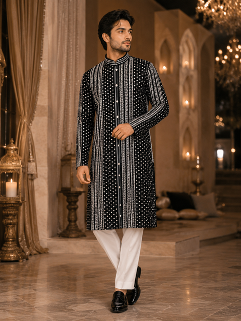 Raw Silk Based Beautiful Embroidery Work At Front And Back With Sequins Work Designer Kurta & White Pajama (slight variation in color & design is possible)