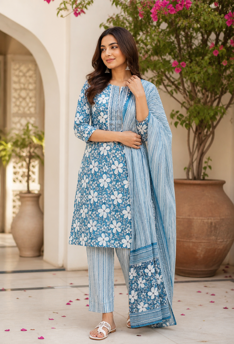 Cotton Based Printed Kurti With Plazo pants & Dupatta (slight variance in color and design is possible)