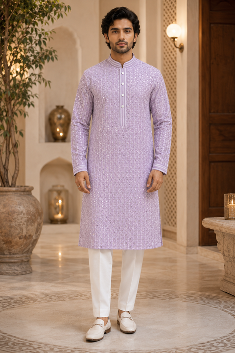 Raw Silk Based Beautiful Embroidery Work At Front And Back With Sequins Work Designer Kurta & White Pajama (slight variation in color & design is possible)
