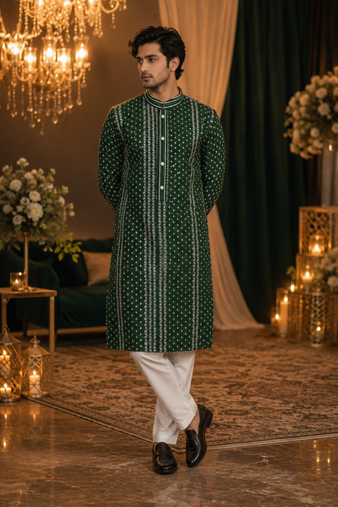 Raw Silk Based Beautiful Embroidery Work At Front And Back With Sequins Work Designer Kurta & White Pajama (slight variation in color & design is possible)