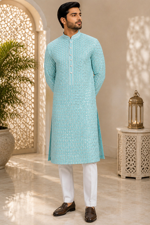 Raw Silk Based Beautiful Embroidery Work At Front And Back With Sequins Work Designer Kurta & White Pajama (slight variation in color & design is possible)