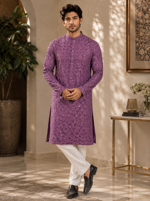 Pure Rayon Based Beautiful Embroidery Work At Front And Back With Sequins Work Designer Kurta & White  pajama (slight variation in color & design is possible)