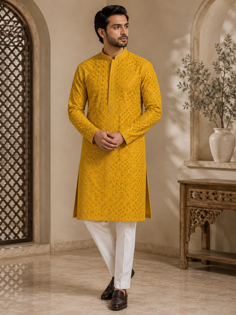 Pure Rayon Based Beautiful Embroidery Work At Front And Back With Sequins Work Designer Kurta & White Pajama (slight variation in color and design is possible)
