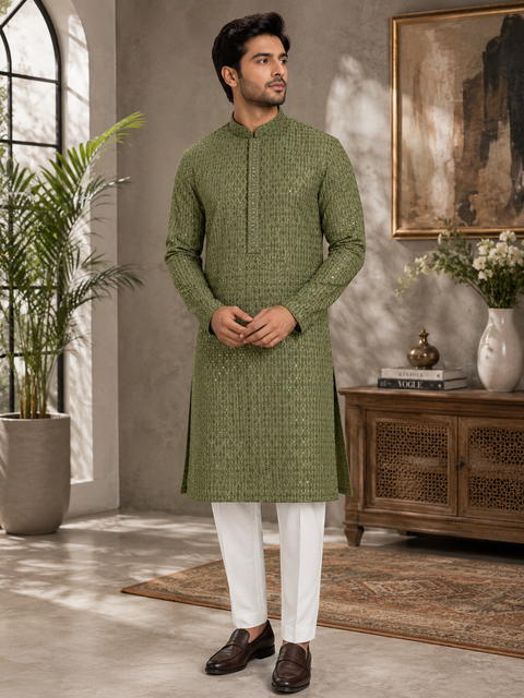 Pure Rayon Based Beautiful Embroidery Work At Front And Back With Sequins Work Designer Kurta & White Pajama (slight variation in color and design is possible)