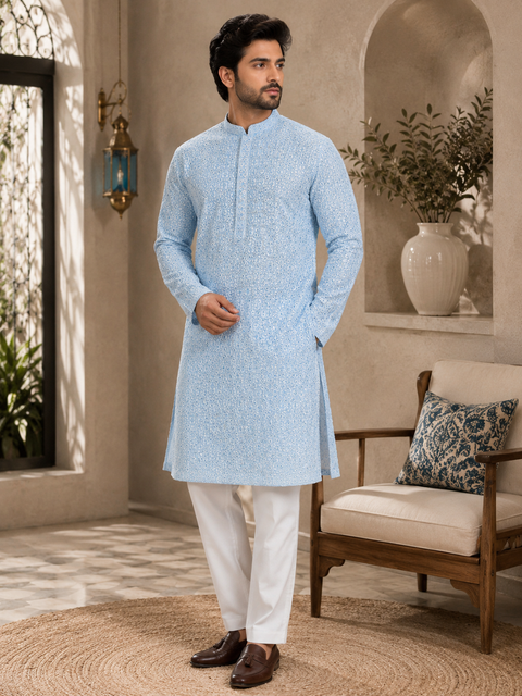 Pure Rayon Based Beautiful Embroidery Work At Front And Back With Sequins Work Designer Kurta & White Pajama (slight variation in color and design is possible)