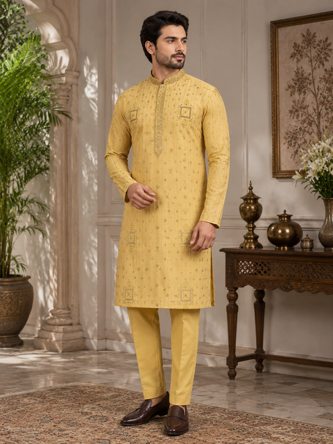 Malmal Rayon based very soft beautiful embroidery work at front and back & on sleeves with sequins work designer Kurta & Pajama (slight variation in color and design is possible)