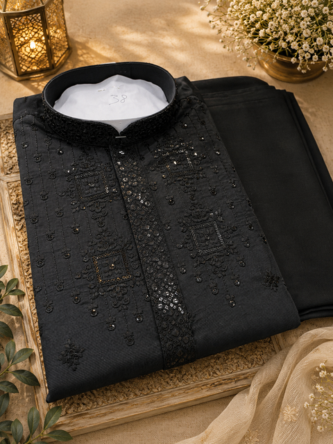 Malmal Rayon based very soft beautiful embroidery work at front and back & on sleeves with sequins work designer Kurta & Pajama ( slight variation in color & design is possible)