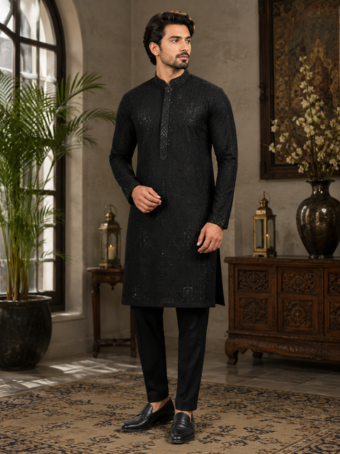 Malmal Rayon based very soft beautiful embroidery work at front and back & on sleeves with sequins work designer Kurta & Pajama ( slight variation in color & design is possible)
