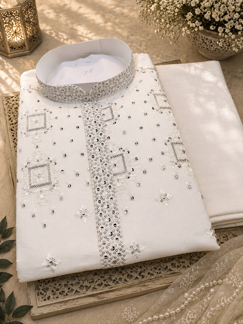 Malmal Rayon based very soft beautiful embroidery work at front and back & on sleeves with sequins work designer Kurta & Pajama ( slight variation in color & design is possible)