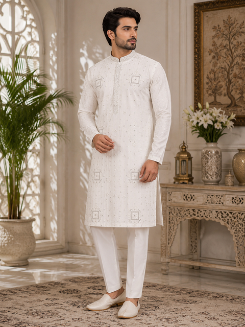 Malmal Rayon based very soft beautiful embroidery work at front and back & on sleeves with sequins work designer Kurta & Pajama ( slight variation in color & design is possible)