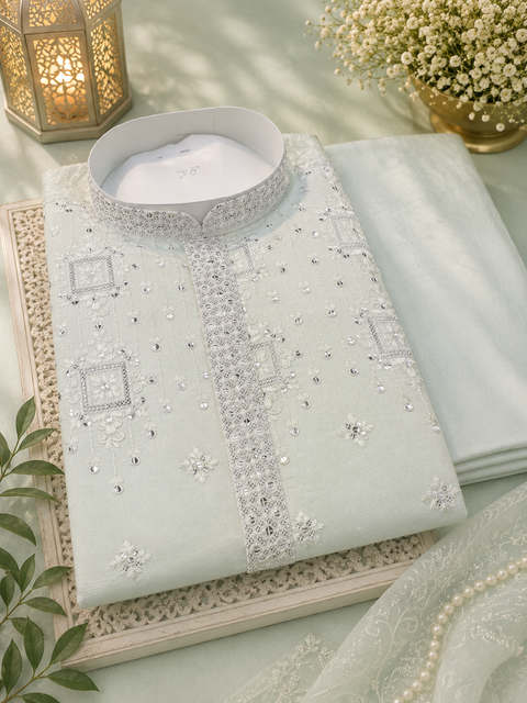 Malmal Rayon based very soft beautiful embroidery work at front and back & on sleeves with sequins work designer Kurta & pajama (slight variation in color & design is possible)