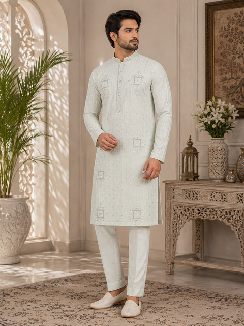 Malmal Rayon based very soft beautiful embroidery work at front and back & on sleeves with sequins work designer Kurta & pajama (slight variation in color & design is possible)